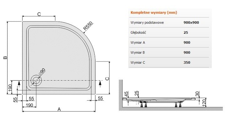 Sanplast Free Line BP/FREE brodzik półokrągły 90x90x2,5 akryl biały 615040443001000