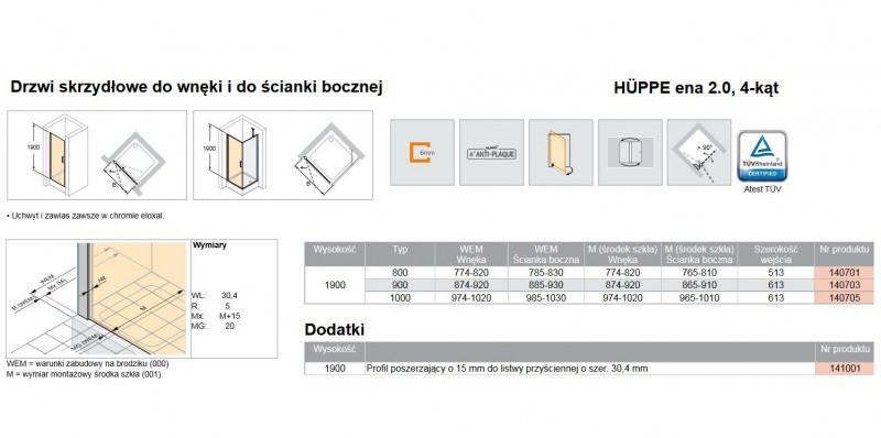 Huppe Ena 2.0 drzwi skrzydłowe otwierane 90 cm do wnęki lub ścianki srebrny połysk przeźroczyste antiplaque 140703.069.322