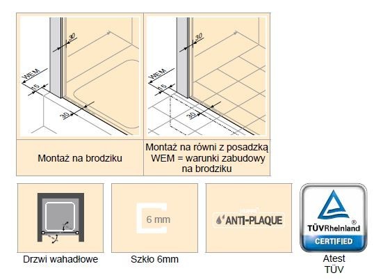 Huppe Ena 2.0 drzwi wahadłowe 80 cm do wnęki lub ścianki srebrny połysk przeźroczyste antiplaque 140903.069.322