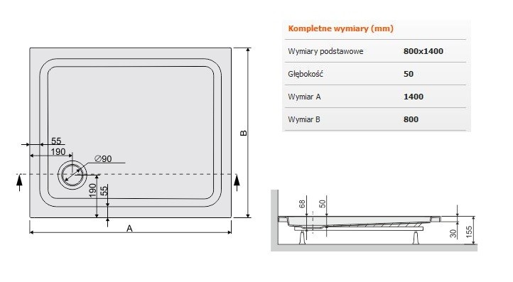 Sanplast Free Line B/FREE brodzik prostokątny 80x140x5 akryl biały 615040141001000