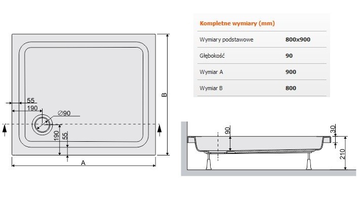 Sanplast Free Line B/FREE brodzik prostokątny 80x90x9 akryl biały 615040015001000