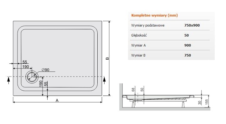 Sanplast Free Line B/FREE brodzik prostokątny 75x90x5 akryl biały 615040131001000