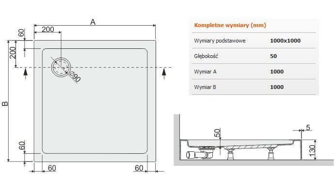 Sanplast Free Line Bza/FREE brodzik kwadratowy 100x100x5 akryl biały 615040114001000