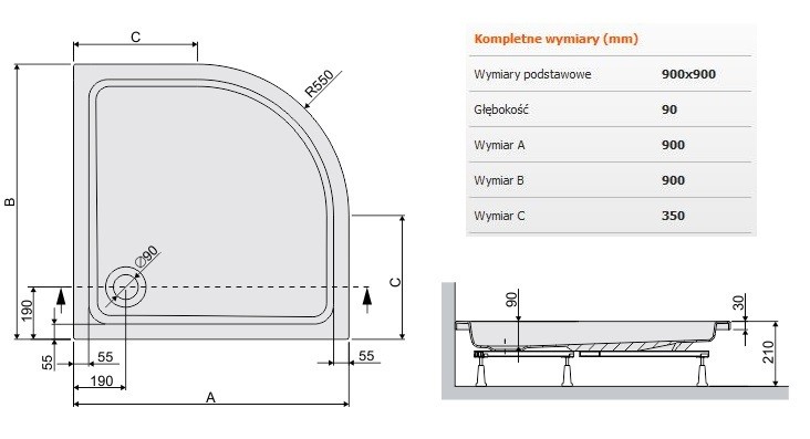 Sanplast Free Line BP/FREE brodzik półokrągły 90x90x9 akryl biały 615040023101000