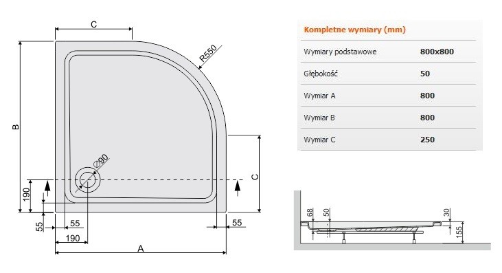 Sanplast Free Line BP/FREE brodzik półokrągły 80x80x5 akryl biały 615040142001000