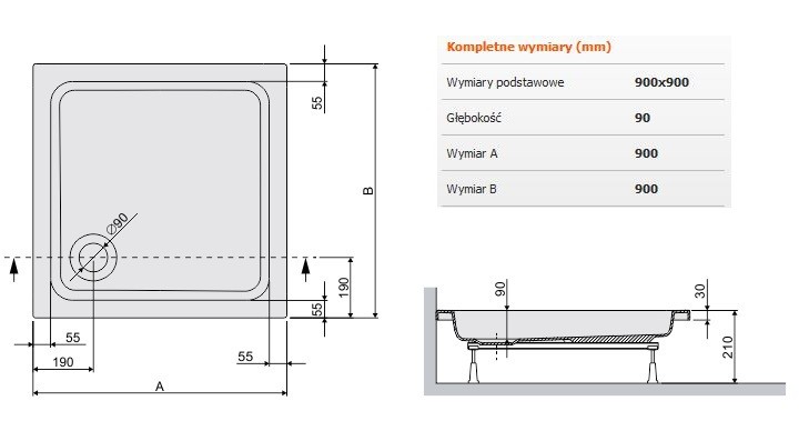 Sanplast Free Line B/FREE brodzik kwadratowy 90x90x9 akryl biały 615040003101000