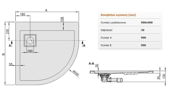 Sanplast Space Line BP/SPACE brodzik półokrągły 90x90 akryl garfit matowy 615110033026000