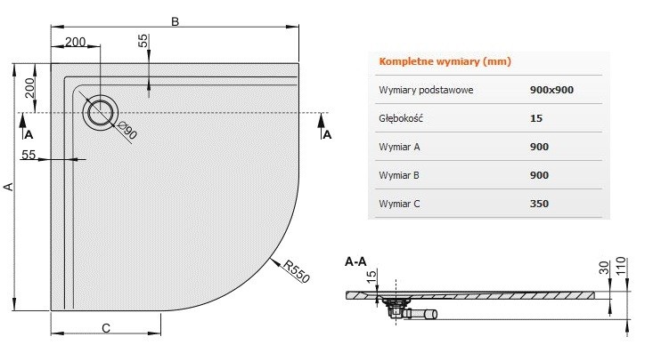 Sanplast Space Mineral BPM/SPACE brodzik półokrągły płaski 90x90 biały 645290043001000