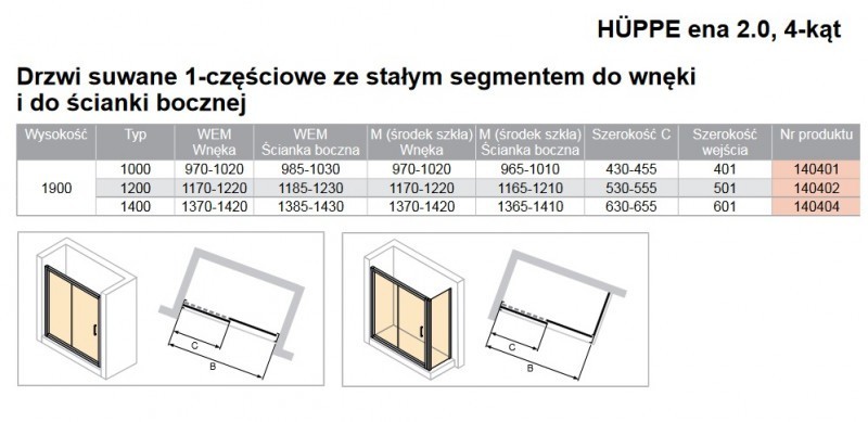 Huppe Ena 2.0 drzwi suwane 140 cm do wnęki lub ścianki srebrny połysk przeźroczyste antiplaque 140404.069.322