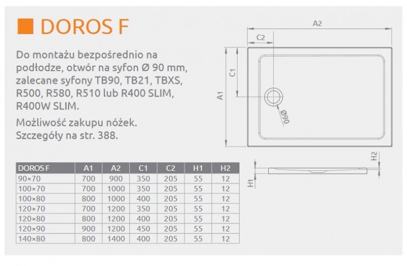 Radaway Doros  F brodzik prostokątny płaski akrylowy 90x70 SDRF9070-01