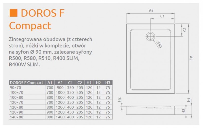 Radaway Doros  F Compact brodzik prostokątny płaski akrylowy zintegrowana obudowa 120x80 SDRFP1280-05