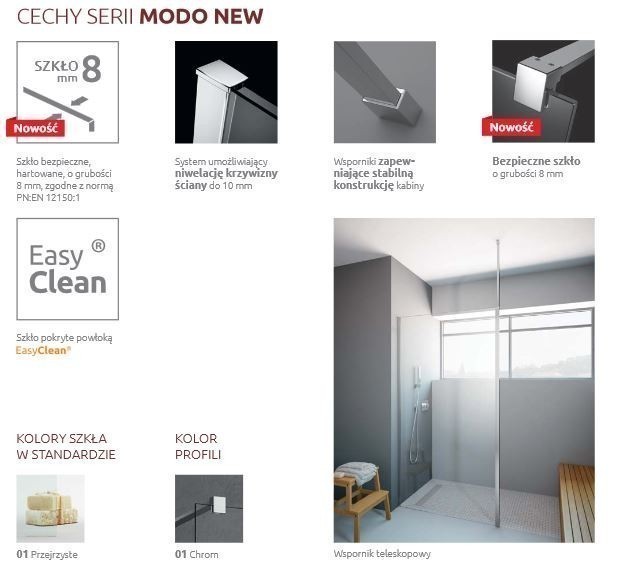 Radaway Modo New II na miarę kabina typu Walk-In na wymiar od 140 do 180 cm max. wys.230 cm chrom przeźroczyste Easy Clean 389908-01-01