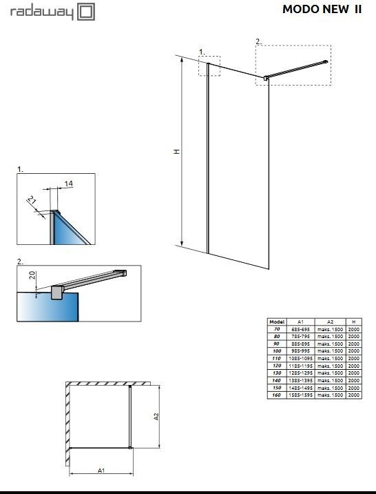 Radaway Modo New II na miarę kabina typu Walk-In na wymiar od 100 do 140 cm max. wys.230 cm chrom przeźroczyste Easy Clean 389906-01-01