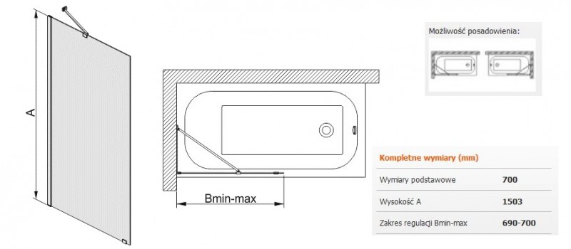 Sanplast Free Line PW1/FREE parawan wannowy stały 70 chrom przeźroczyste 600260050042401