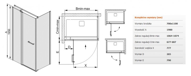 Sanplast Prestige III KNDJ2/PRIII kabina prostokątna 110x70 drzwi otwierane 110 + ścianka stała 70 chrom przeźroczysta 600073021038401