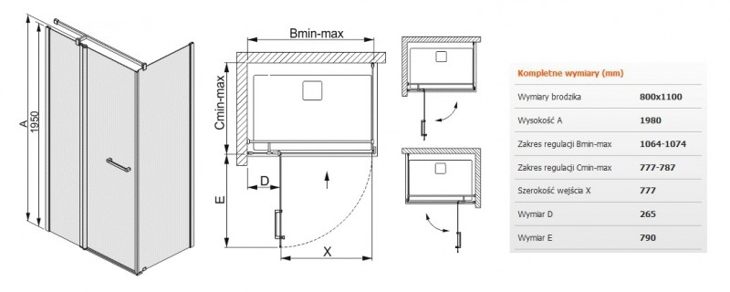 Sanplast Prestige III KNDJ2/PRIII kabina prostokątna 110x80 drzwi otwierane 110 + ścianka stała 80 chrom przeźroczysta 600073027038401