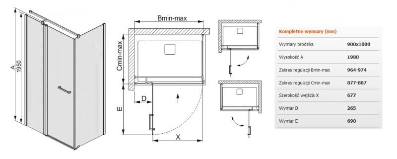 Sanplast Prestige III KNDJ2/PRIII kabina prostokątna 100x90 drzwi otwierane 100 + ścianka stała 90 chrom przeźroczysta 600073029038401