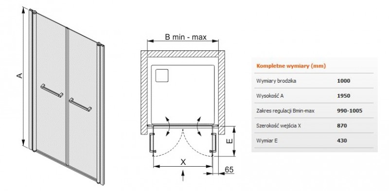 Sanplast Prestige III DD/PRIII drzwi wahadłowe 2skrzydłowe 100 cm chrom przeźroczysta 600073094038401