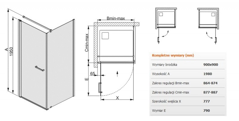 Sanplast Prestige III KNDJ/PRIII kabina kwadratowa 90x90 drzwi otwierane + ścianka stała chrom przeźroczysta 600073004038401