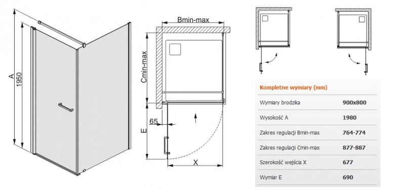 Sanplast Prestige III KNDJ/PRIII kabina prostokątna 80x80 drzwi otwierane 80 + ścianka stała 90 chrom przeźroczysta 600073014038401