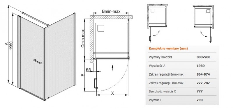 Sanplast Prestige III KNDJ/PRIII kabina prostokątna 90x80 drzwi otwierane 90 + ścianka stała 80 chrom przeźroczysta 600073012038401