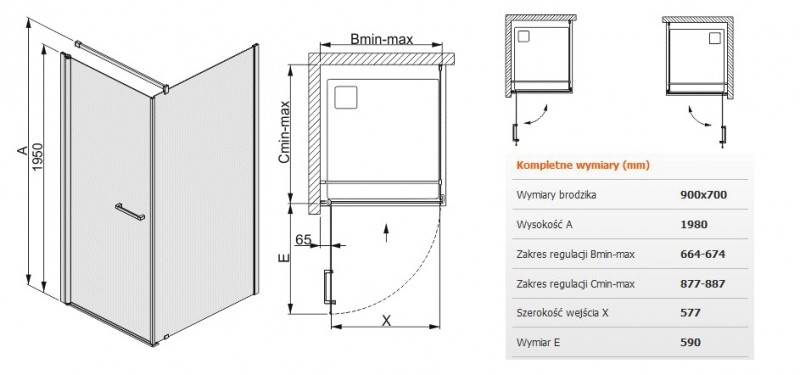 Sanplast Prestige III KNDJ/PRIII kabina prostokątna 70x90 drzwi otwierane 70 + ścianka stała 90 chrom przeźroczysta 600073013038401