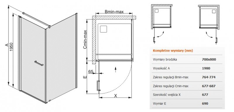 Sanplast Prestige III KNDJ/PRIII kabina prostokątna 80x70 drzwi otwierane 80 + ścianka stała 70 chrom przeźroczysta 600073006038401