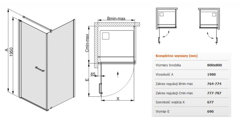 Sanplast Prestige III KNDJ/PRIII kabina kwadratowa 80x80 drzwi otwierane + ścianka stała chrom przeźroczysta 600073002038401