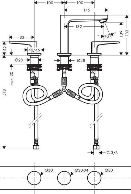 Hansgrohe Metropol 110 bateria umywalkowa 3-otworowa z korkiem push-open chrom 32514000