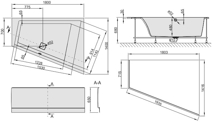 Sanplast Space Line WTPkpl/SPACE wanna asymatryczna prawa z obudową, stelażem i syfonem 180x140 biały 610100137001000