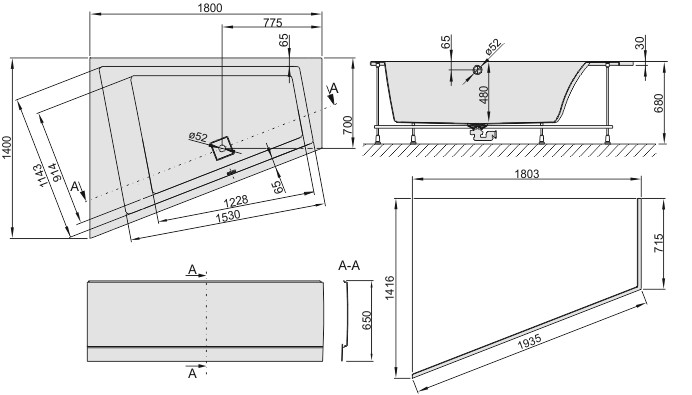 Sanplast Space Line WTLkpl/SPACE wanna asymatryczna lewa z obudową, stelażem i syfonem 180x140 biały 610100125001000