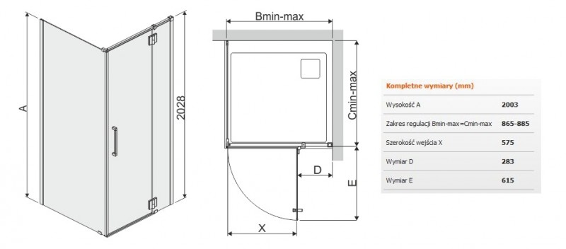 Sanplast Space Line KNDJ2P/SPACE kabina kwadratowa 90x90 drzwi prawe + ścianka stała chrom przeźroczysta 600100105042401