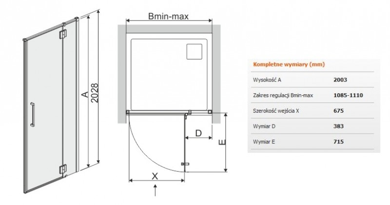 Sanplast Space Line DJ2P/SPACE drzwi skrzydłowe prawe 110 cm chrom przeźroczysta 600100169042401