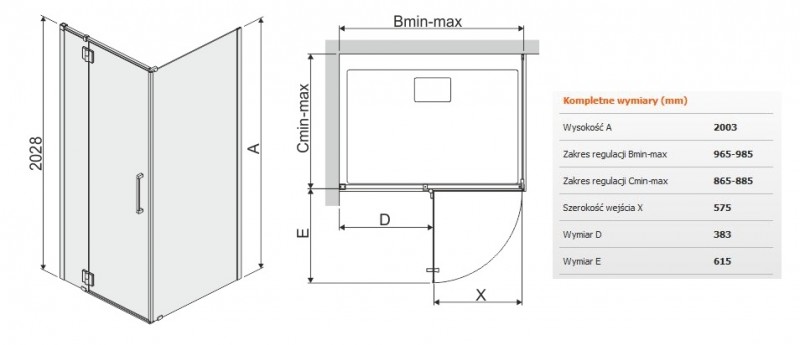 Sanplast Space Line KNDJ2L/SPACE kabina prostokątna 100x90 drzwi lewe 100 + ścianka stała 90 chrom przeźroczysta 600100121042401