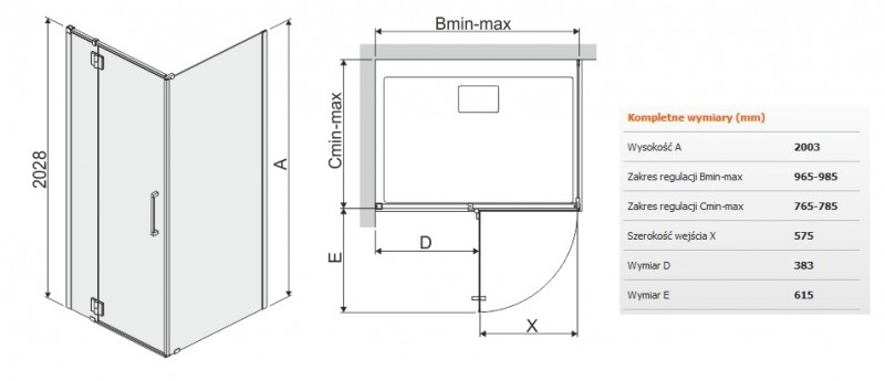 Sanplast Space Line KNDJ2L/SPACE kabina prostokątna 100x80 drzwi lewe 100 + ścianka stała 80 chrom przeźroczysta 600100113042401