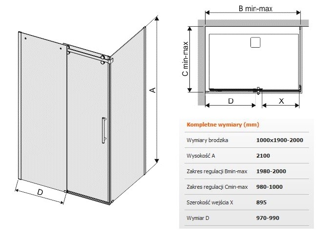 Sanplast Altus KND2/ALTIIa kabina prostokątna drzwi przesuwne 100x190200 cm chrom połysk przeźroczyste 600121109142401