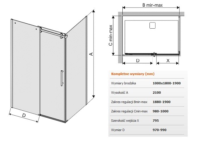 Sanplast Altus KND2/ALTIIa kabina prostokątna drzwi przesuwne 100x180190 cm chrom połysk przeźroczyste 600121108142401