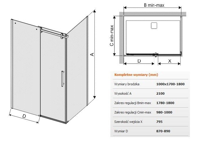 Sanplast Altus KND2/ALTIIa kabina prostokątna drzwi przesuwne 100x170180 cm chrom połysk przeźroczyste 600121107142401