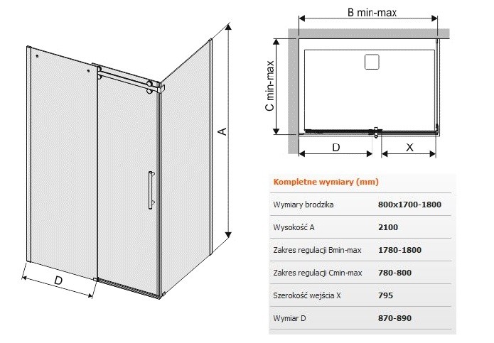 Sanplast Altus KND2/ALTIIa kabina prostokątna drzwi przesuwne 80x170180 cm chrom połysk przeźroczyste 600121087142401