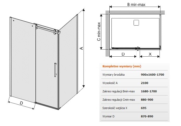 Sanplast Altus KND2/ALTIIa kabina prostokątna drzwi przesuwne 90x160170 cm chrom połysk przeźroczyste 600121096142401