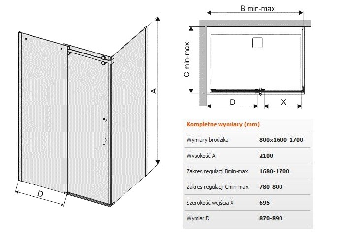 Sanplast Altus KND2/ALTIIa kabina prostokątna drzwi przesuwne 80x160170 cm chrom połysk przeźroczyste 600121086142401