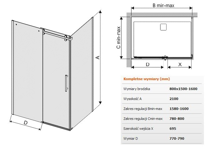 Sanplast Altus KND2/ALTIIa kabina prostokątna drzwi przesuwne 80x150160 cm chrom połysk przeźroczyste 600121085142401