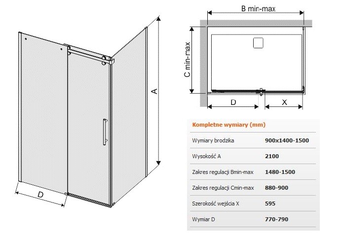 Sanplast Altus KND2/ALTIIa kabina prostokątna drzwi przesuwne 90x140150 cm chrom połysk przeźroczyste 600121094142401