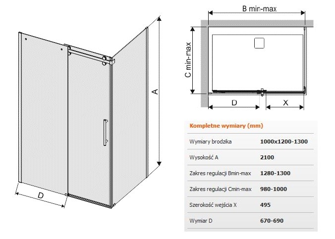 Sanplast Altus KND2/ALTIIa kabina prostokątna drzwi przesuwne 100x120130 cm chrom połysk przeźroczyste 600121102142401