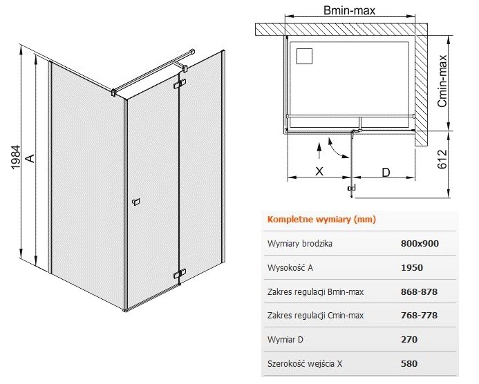 Sanplast Free Line KNDJ2/FREE kabina prostokątna 90x80 drzwi otwierane 90 + ścianka stała 80 chrom przeźroczysta 600260064042401