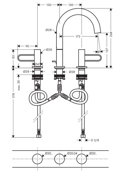 Axor Uno 200 bateria umywalkowa 3-otworowa z korkiem automatycznym uchwyt loop nikiel szczotkowany 38054820