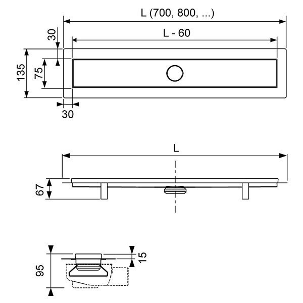 Tece Linus kompletny odpływ liniowy 90cm z rusztem 2w1 do zabudowy 15103090