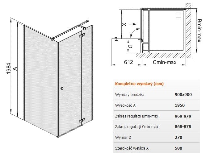 Sanplast Free Line KNDJ2/FREE kabina kwadratowa 90x90 drzwi otwierane + ścianka stała chrom przeźroczyste 600260061042401