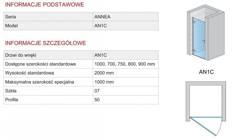 Sanswiss Annea Black Line drzwi otwierane jednoczęściowe PRAWE 70 cm do wnęki lub ścianki czarny mat powłoka Aquaperle AN1CD07000607