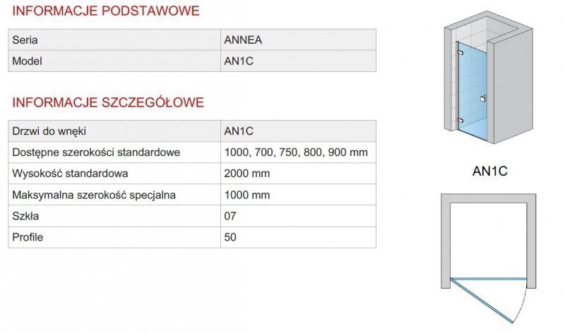 Sanswiss Annea Black Line drzwi otwierane jednoczęściowe LEWE 100 cm do wnęki lub ścianki czarny mat powłoka Aquaperle AN1CG10000607